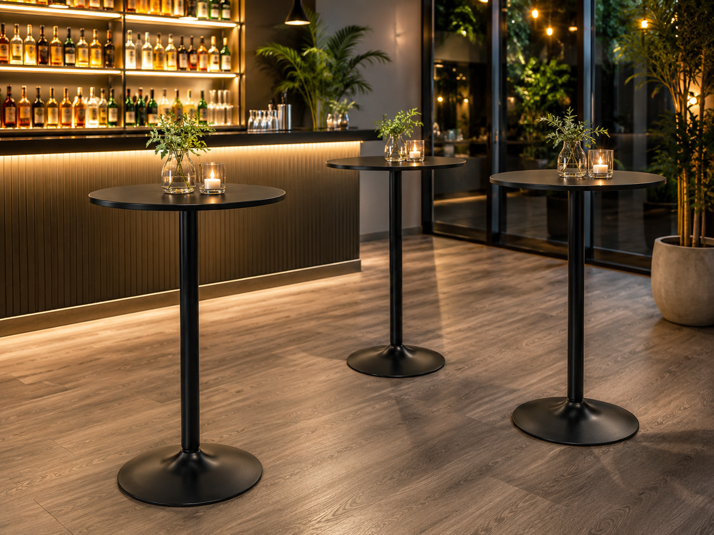 Modern black poseur cocktail tables styled for a luxury networking reception and corporate event