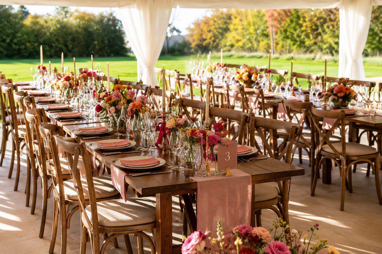 Elegant trestle dining tables styled for a luxury gala dinner and outdoor wedding reception