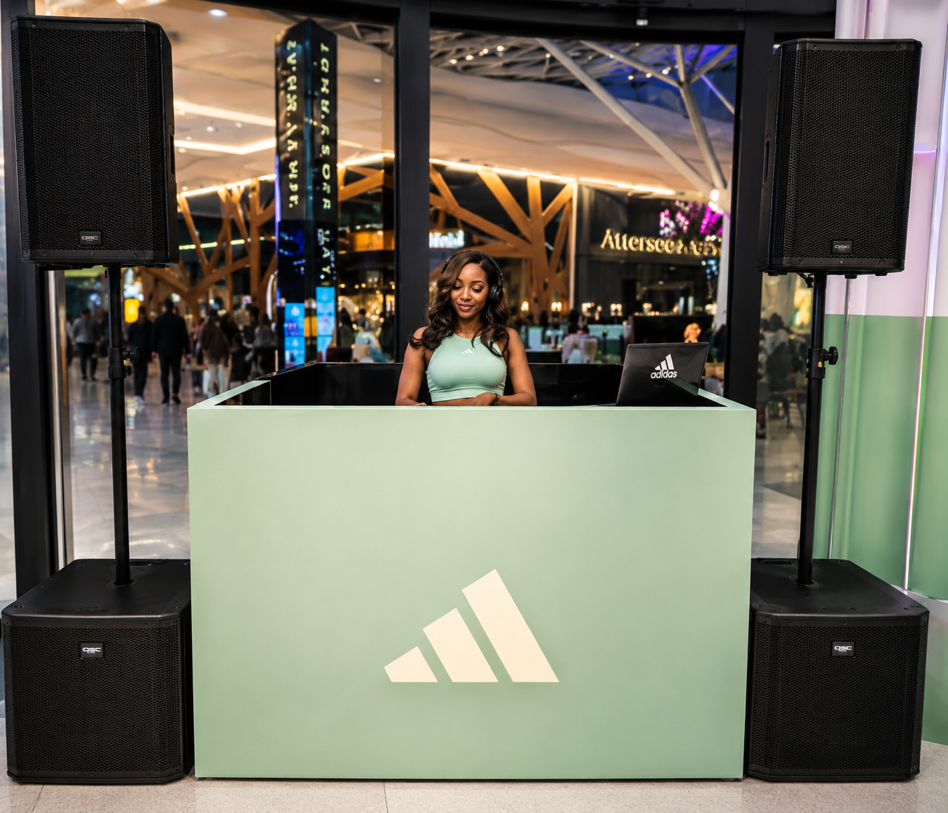 Custom branded DJ booth with professional sound system for luxury event entertainment
