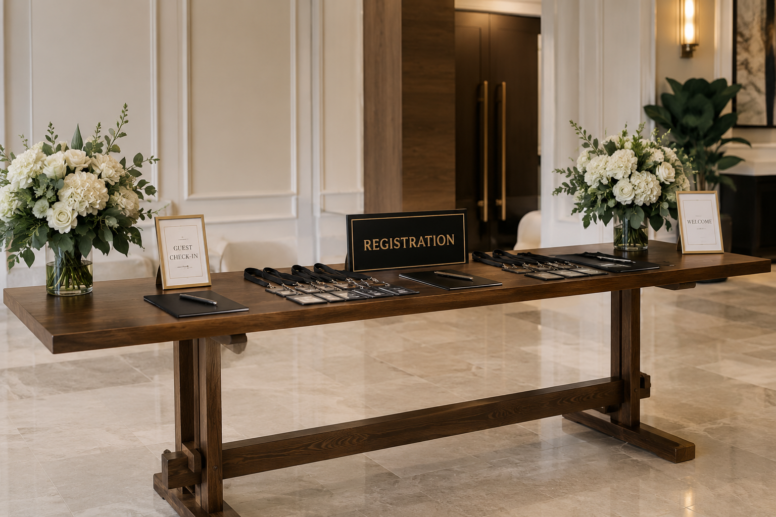 Premium wooden trestle table setup for event registration and conference hospitality area